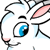 Pixelated cartoon bunny face with blue eye, pink inner ears, and black outlines on white background.