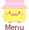 Pixel art animation of a yellow chick mascot with pink hat and blush, showing two frames where the left frame has arms while the right frame shows wings, both with "Menu" text below.