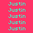 cyan 'Justin' text on a pink background with alternating blue and pink rectangular blocks