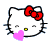 Hello Kitty head with red bow, yellow nose, closed eyes; pink heart appears near mouth then on forehead then overlaps bow.
