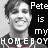 Pixelated grayscale portrait of a person with short hair, overlaid with white text reading "Pete is my homeboy" on a black background.
