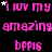 Pixelated pink text repeats 'i lov my amazing bffis' with scattered white stars on black background, animated with flickering star effects.