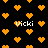 Black background with scattered orange pixelated hearts and multiple instances of the text 'Vicki' in white pixelated font.
