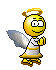 Animated yellow angel figure with white wings and halo, wearing striped dress, performing hand-clapping motion