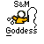 Pixelated icon with gray background shows 'S&M' text above a figure in yellow shirt holding scissors, with 'Goddess' text below.