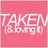 Pink background with white text 'TAKEN & borg' and a pink heart-shaped object on dark gray background.