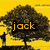 Yellow background with dark tree silhouette, two figures on left, and text 'jack' in black box with yellow letters on left side.