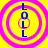 Four identical circular icons with yellow backgrounds, pink concentric rings, and vertical blue text reading 'LOL' in the center.