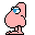 Four pixelated pink cartoon figures with blue eyes in various poses on a gray background.
