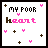 A 3x3 grid of nine animated frames showing a pixel art design with the text "MY POOR heart" in varying color and position combinations across each frame, surrounded by small pink hearts and brown plus signs on a white background.