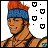 Pixelated character with orange spiky hair and blue headband, wearing sleeveless top with necklaces, surrounded by black-and-orange shield symbols on white background.