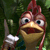 Pixelated cartoon character with large eyes and a beak-like mouth holds a white object against a green background.