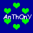Blue background with green pixelated hearts and white text reading "AnThOnY" repeated twice.