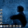 Silhouette of a seated boy in blue-toned background with repeated text "The Boy Who Lived" and pixelated border elements.