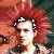 Animated sequence showing a person with red spiked hair and white headband in four distinct poses against green background.