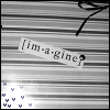 Static grayscale image with horizontal stripes, a tilted text banner reading "[im-a-gine]", and scattered blue Y-shaped symbols in the lower-left corner.