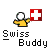 Pixelated character in yellow shirt holds red square with white cross; text below reads 'Swiss Buddy' on gray background.