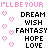 Pixelated text and heart symbols arranged in a pattern with alternating pink and black lettering