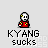 Pixel art icon shows a character with red clothing and yellow accents holding a red object near a white car, with text below reading 'KYANG sucks' in blocky font.