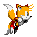 Pixelated fox character with orange fur, white muzzle and tail tip, red scarf, and black shoes in four distinct poses against gray background.