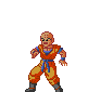 Two pixelated figures in orange martial arts uniforms with blue belts and wristbands stand side-by-side against a gray background.