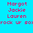 Pixelated red text on cyan background displays names Margot Jackie Lauren and 'rock ur sox' with a pink gradient overlay in the lower-left.