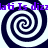 Four black-and-white spiral patterns arranged in a with purple text repeating 'lati Is dizzati Is dizz' across the top and bottom