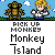 Pixel art contact sheet showing seven frames of an animated Monkey Island-themed AIM buddy icon with a character and monkey, displaying text changes and expressions across sampled frames.
