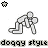 Pixelated animated contact sheet showing three variations of a stick figure in a crouching pose with text "doggy style" in different colors and styles across frames.