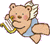 Pixelated cartoon pig with wings, blue garment, and checkered cloth, showing slight head movement