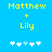 Yellow text 'Matthew' and 'Lily' with a plus sign on blue background, two white snowflakes and one light blue snowflake below.