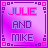 Pixel art contact sheet of three animated frames showing a purple and pink gradient background with text "JULIE AND MIKE" in varying color schemes, bordered by square patterns.