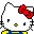 Pixelated white cat face with red bow, yellow eyes, black nose and mouth dots, blue-and-yellow lower body on gray background.