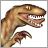 Pixelated dinosaur head with open mouth showing teeth, yellow eye, brown and tan body, purple accents on limbs.