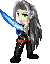 Pixelated character with long gray hair, green eyes, and black outfit holding blue sword across six sequential poses.