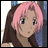 A split-frame contact sheet showing an anime-style character with pink hair on the left and pixelated text on a black background on the right, both in low-resolution 48x48 pixels.