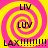 Four identical display a yellow and pink spiral background with black text reading LIV, LUV, and LAX followed by eleven exclamation marks