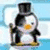 Pixelated penguin in top hat and cane on icy background with pink text overlays on purple and gray
