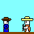 Pixel art scene with blue background, brown-roofed buildings, and characters in cowboy hats holding weapons; text 'play' above one character.