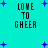 Cyan background with blue plus signs and black pixelated text reading LOVE TO GHEER in four identical quadrants.