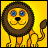 Pixelated lion with brown mane and blue eyes on yellow background, next to text reading SEE ME IN ZOO.