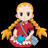 Pixelated anime-style character with long yellow braided hair holding a blue object, next to stylized text on black background.