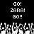 Black background with white pixelated text reading 'GO! ZARA! GO!!' repeated twice above a of pixelated hands raised in a cheering gesture
