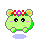 Four pixel-art frames of a green hamster-like character with pink cheeks, black eyes, and a red-and-pink flower crown, each showing slight pose variations above a light blue cloud.