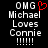 Pixelated text reads "OMG Michael Loves Connie !!!!!" with a red heart symbol replacing the 'O' in OMG on one frame, black background.