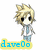 Pixelated chibi character with spiky blonde hair and large black eyes, wearing light blue shirt and pants, displayed in four variations with text backgrounds.