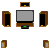 Pixelated of computer monitors and yellow figures with white circular heads, some showing green X or sound wave animations