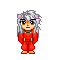Pixel art character with silver hair, pink cat ears, brown eyes, and red outfit standing against gray background.