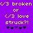 Pixelated yellow text on purple background displays two identical side-by-side phrases with heart symbols below.