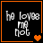 Four black square with orange borders display white text 'he loves me not' and varying heart symbols in animation